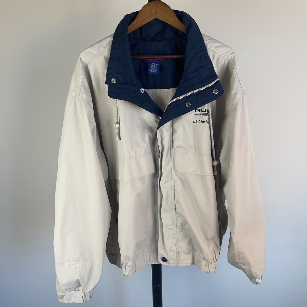 Augusta Sportswear Nucor Steel Windbreaker Jacket Mens 2XL Tan Navy Vintage 2005